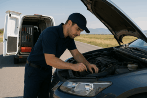 A mobile mechanic in a navy uniform repairs a dark-colored sedan on the side of a rural road, with an open white service van displaying tools in the background and open fields stretching toward distant mountains under a clear sky.
