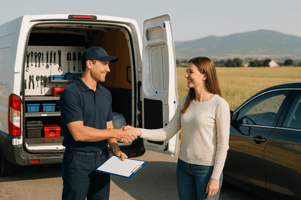 A smiling mobile mechanic in a navy uniform shakes hands with a satisfied female customer beside a white service van and dark sedan on a rural road, with organized tools visible and mountains in the background under a clear sky.