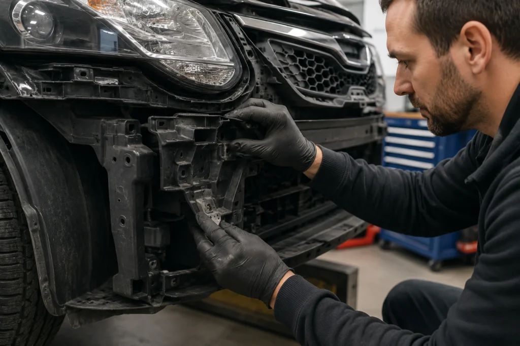 Mechanic working on car front bumper anchorage